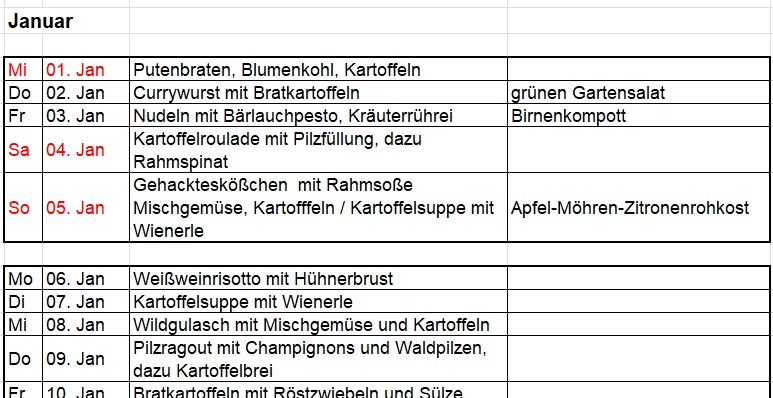 Essenplan als Excel-Tabelle